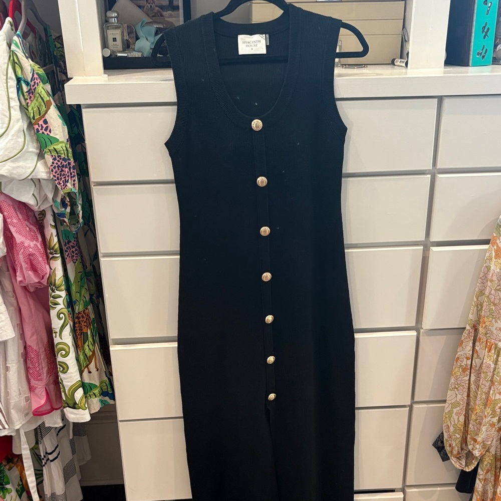 HYACINTH HOUSE- tuckernuck Black Sleeveless, Gold Button, Midi Dress